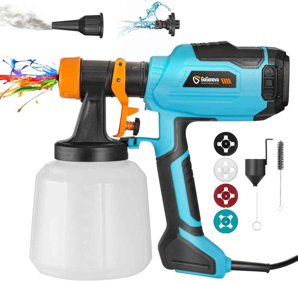 700W HVLP Power Paint Sprayer, GoGonova 1400ml Large Container Electric Spray Gun with CleaningBlowing Functions, 4 Nozzles, 3 Patterns and Filter for Home Exterior, Interior, Fence, Shed and Cabinet