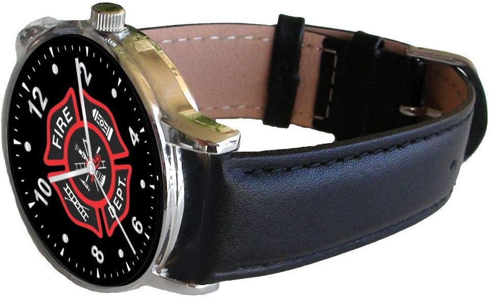 Firefighter Emblem Classic Watch with Large Polished Chrome Case and Black Leather Strap