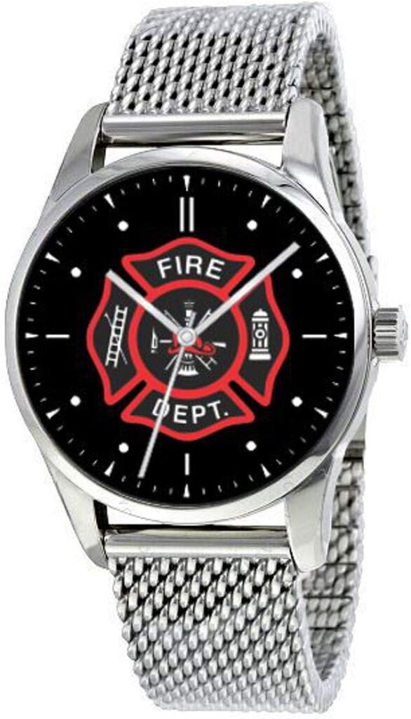 Firefighter Emblem Watch with Large Polished Chrome Case and Adjustable Stainless Steel Mesh Band