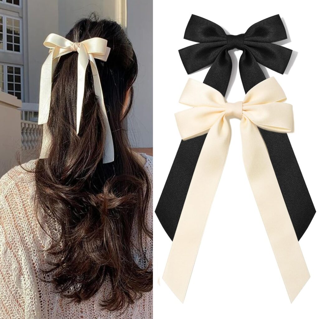 2PCS Silky Satin Hair Bows Black Beige Hair Ribbon Clips for women Ponytail Holder Hair Accessories Alligator Clips Hair Bow for Women Girls Toddlers Teens Kids