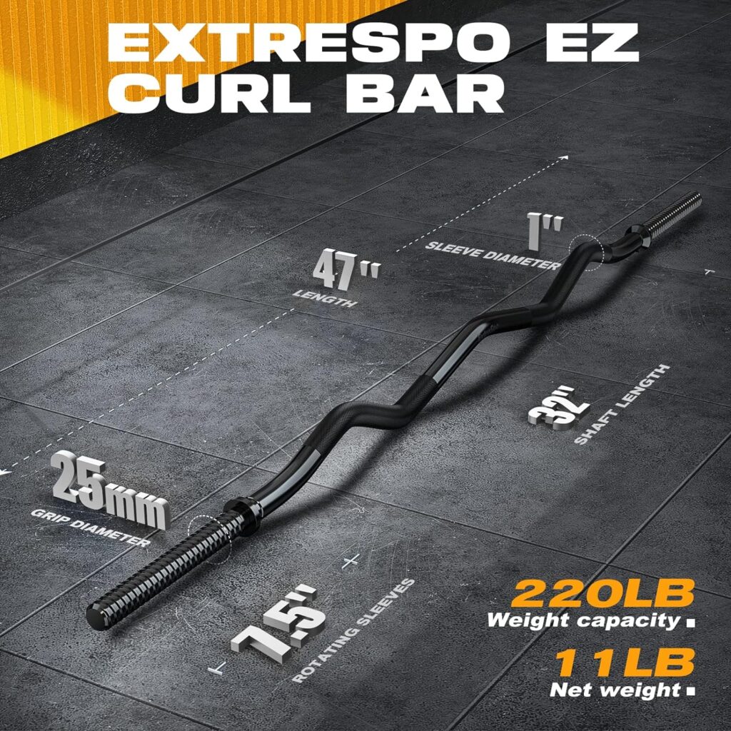 47 EZ Curl Bar Weight Lifting Bar, for Hip Thrusts/Squats/Lunges, 1-inch Weight Plates Curling Bar for Gym and Home, with 2 Star Collars