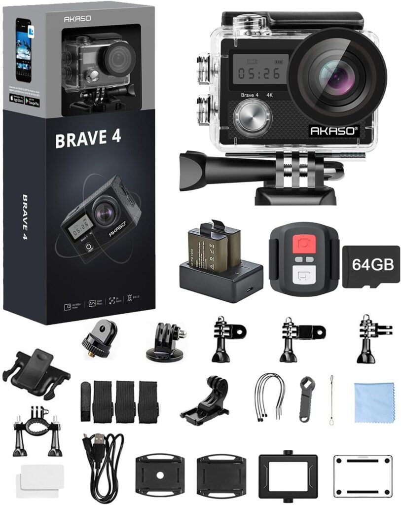 AKASO Brave 4 Action Camera 4K 30fps with 64GB MicroSDXC Memory Card Accessories Kit Bundle, 20MP Ultra HD 131FT Waterproof Underwater Camera EIS WiFi Remote Control 5X Zoom Sport Cameras