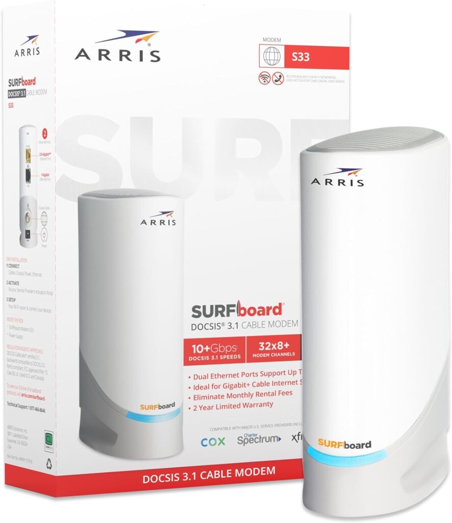 ARRIS Surfboard S33 DOCSIS 3.1 Multi-Gigabit Cable Modem | Approved for Comcast Xfinity, Cox, Spectrum More | 1 2.5 Gbps Ports | 2.5 Gbps Max Internet Speeds | 4 OFDM Channels | 2 Year Warranty