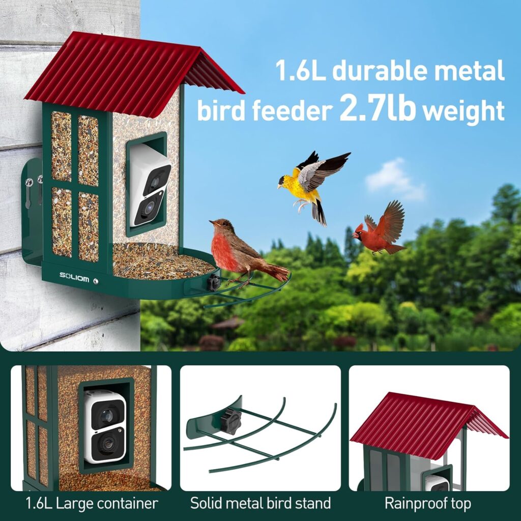 Bird Feeder with Camera Wireless Outdoor with AI Identify Bird Species, Smart Wild Bird Watching Cam, Live View, Motion Triggered Notification, 3W Solar, 1.6L Small Size-Metal Case SOLIOM BF08S-G