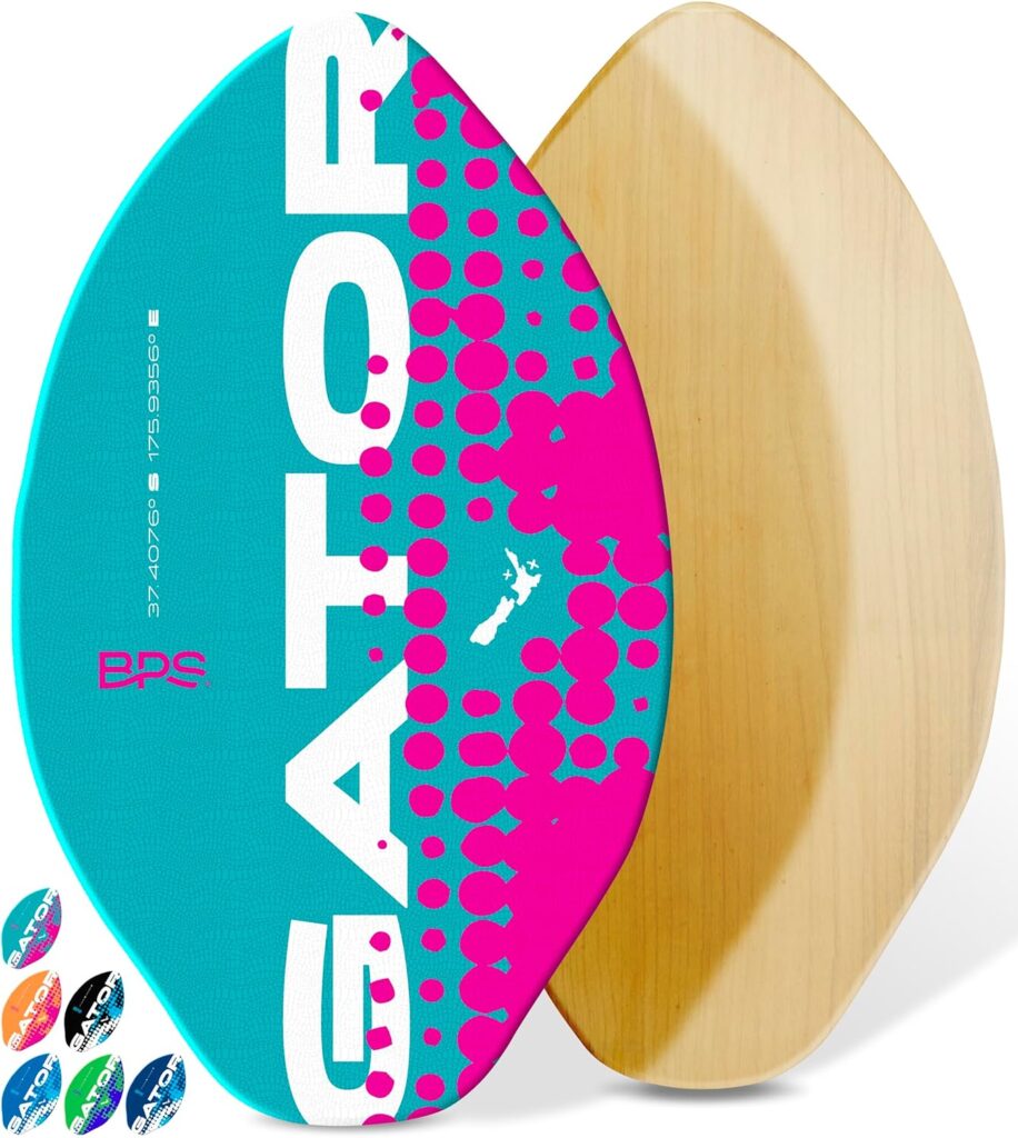 BPS New Zealand Gator Skimboards with Colored EVA Grip Pad and High Gloss Clear Coat | Wooden Skim Board with Grip Pad for Kids and Adults | Choose from 3 Sizes and Traction Pad Color