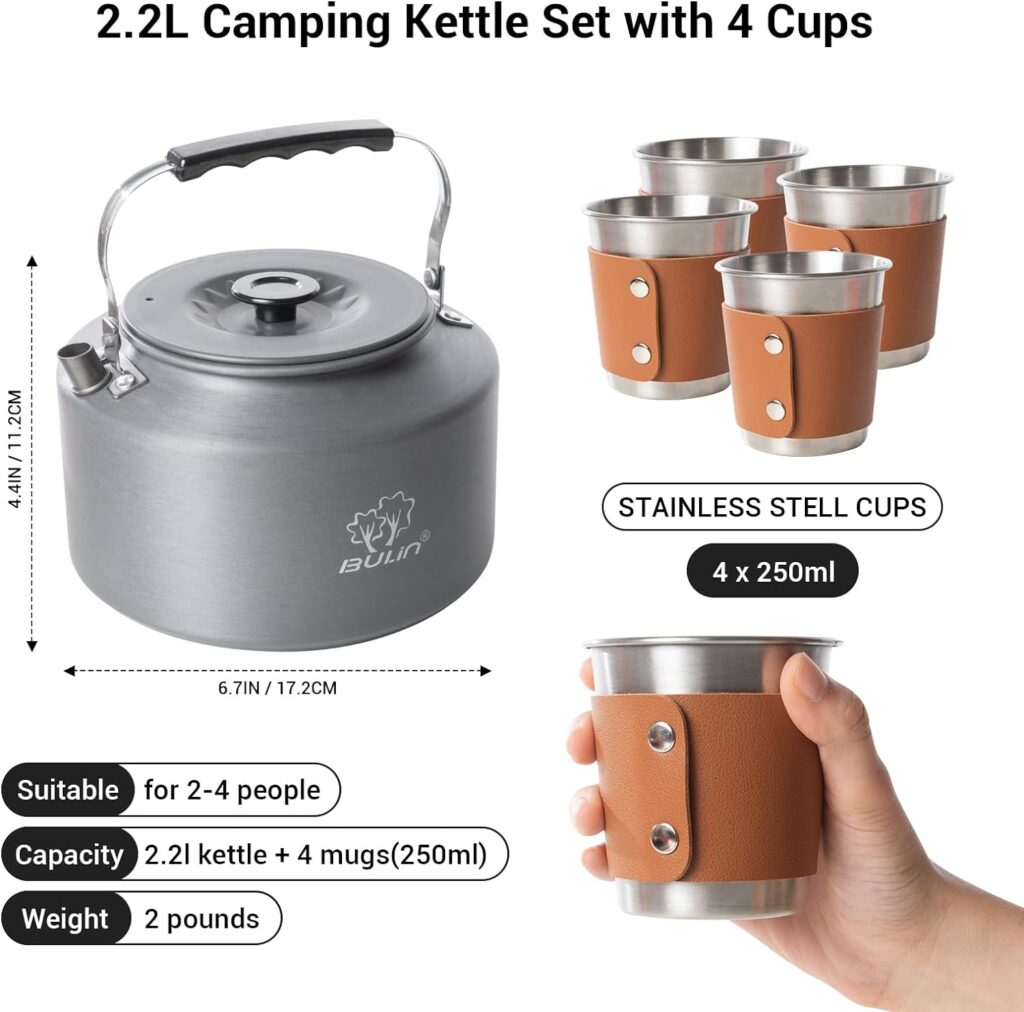 Bulin 2.2L Camping Kettle Set with 2 Cups Lightweight Aluminum Camp Tea Coffee Pot with 2 Stainless Steel Cups for Outdoor Camping Cookware Hiking Backpacking Kitchen Campfire and Picnic, Carrying Bag