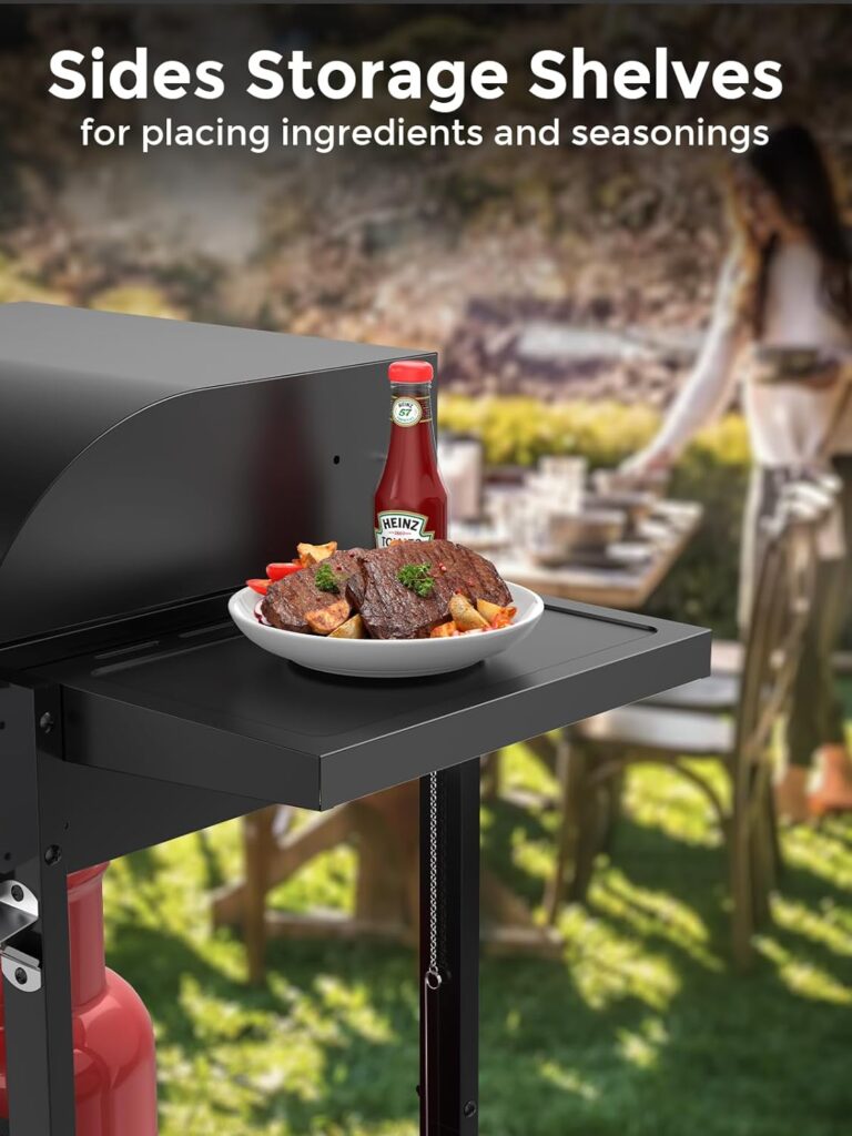 Cowsar 2 burner BBQ Propane Gas Grill, stainless steel 20000 BTU, equipped with 2 sides storage shelves and 2 wheels for easy mobility, Ideal for outdoor kitchens and backyard patio barbecues