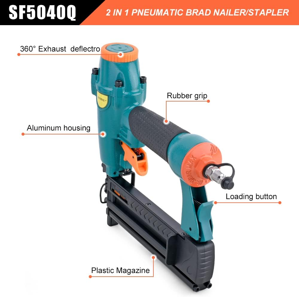 DOTOOL 18 Gauge Pneumatic Brad Nailer 2-in-1 Nail Accepts 5/8 to 2 Inch Brad Nails and 1-5/8 Inch Crown Staple Gun with Carrying Case and Safety Glasses,for Carpentry, DIY, Woodworking