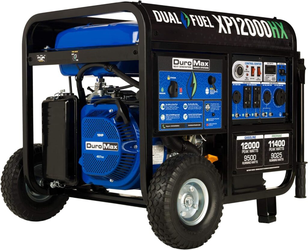 DuroMax XP12000HX Dual Fuel Portable Generator-12000 Watt Gas or Propane Powered Electric Start w/CO Alert, 50 State Approved, Blue