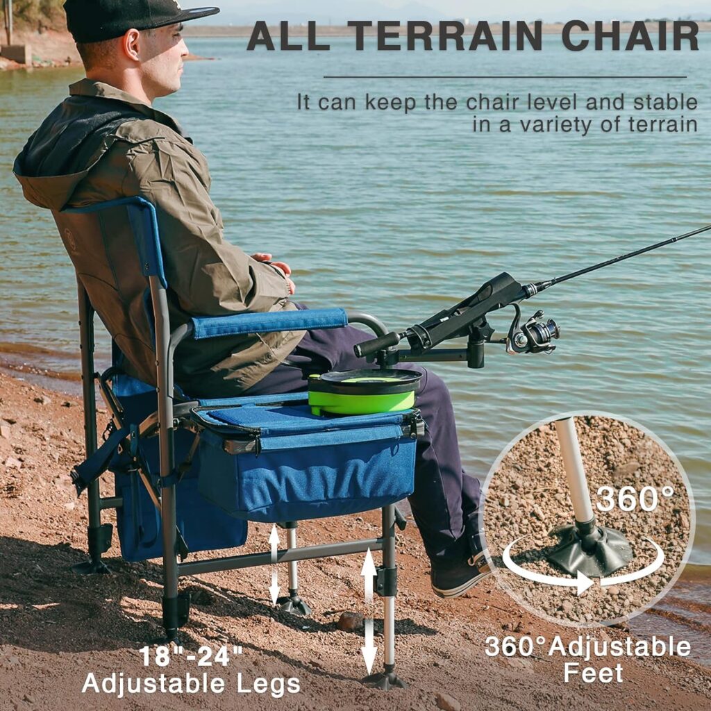 EVER ADVANCED Fishing Chair with Rod Holder and Cooler, All Terrain Ice Fishing Chair with Adjustable Feet, Mesh Back Folding Camping Chair with Shoulder Strap, Heavy Duty Supports 350LBS
