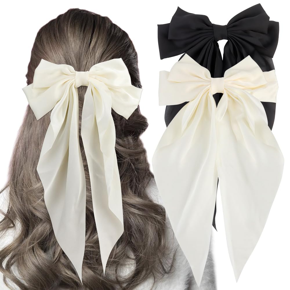 Exacoo HairBow, 2Pcs White Black Silky Satin Hair Bow, Large Big Hair Clips for Women