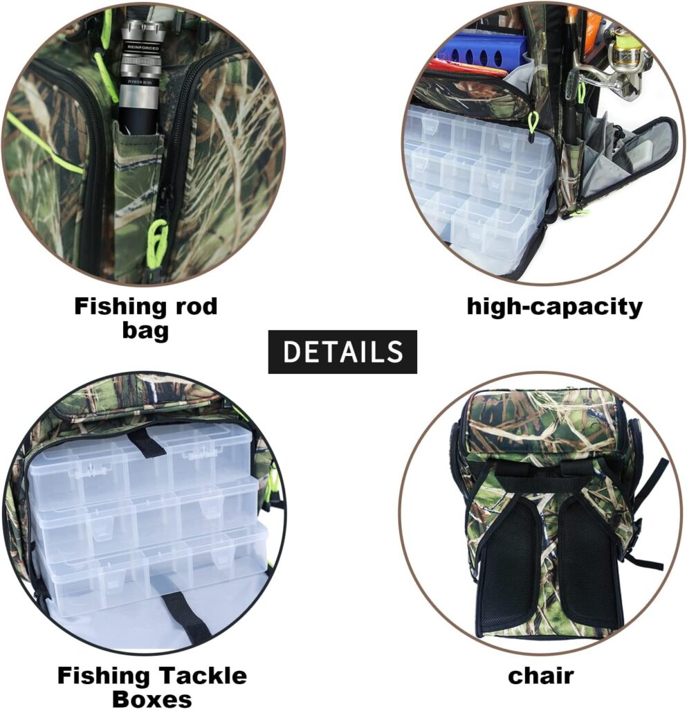 Fishing Backpack Tackle Box Bag with Rod Holder Boxes 60L Foldable Fishing Chair, perfect for Outdoor, used by Men