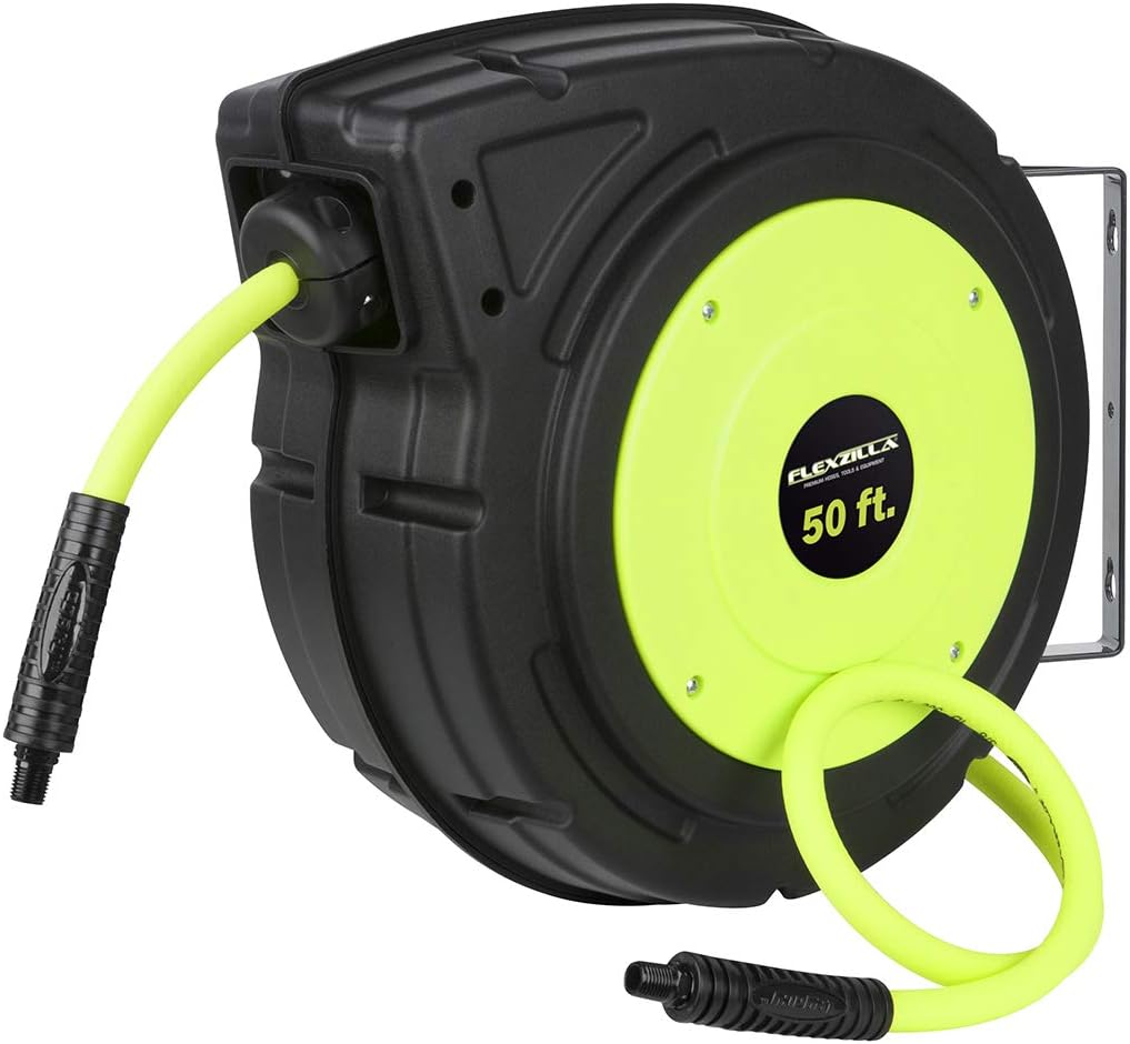 Flexzilla Retractable Enclosed Plastic Air Hose Reel, 3/8 in. x 50 ft., Heavy Duty, Lightweight, Hybrid, ZillaGreen - L8250FZ