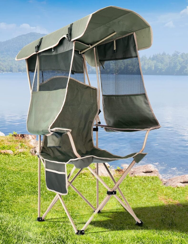 Folding Camping Chair with Shade Canopy for Adults, Canopy Chair for Outdoors Sports with Cup Holder, Side Pocket for Camp, Beach, Tailgates, Fishing - Support 330 LBS