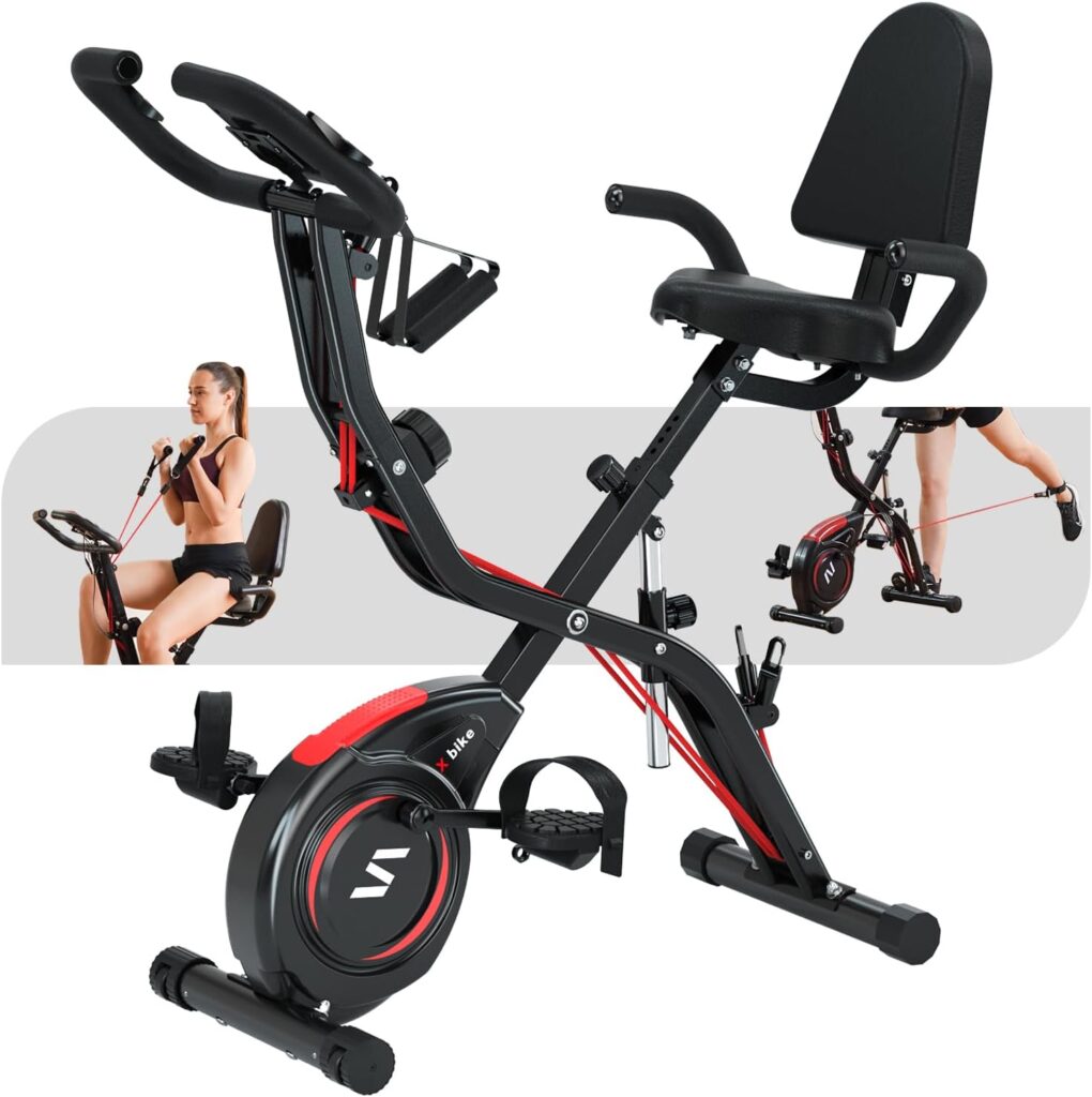 Folding Exercise Bike with Arm Leg Band, Foldable Stationary Bike for Seniors, Recumbent Exercise Bike for Home, Pluse Sensor, Back Rest, Large Seat, 330lbs Max Weight