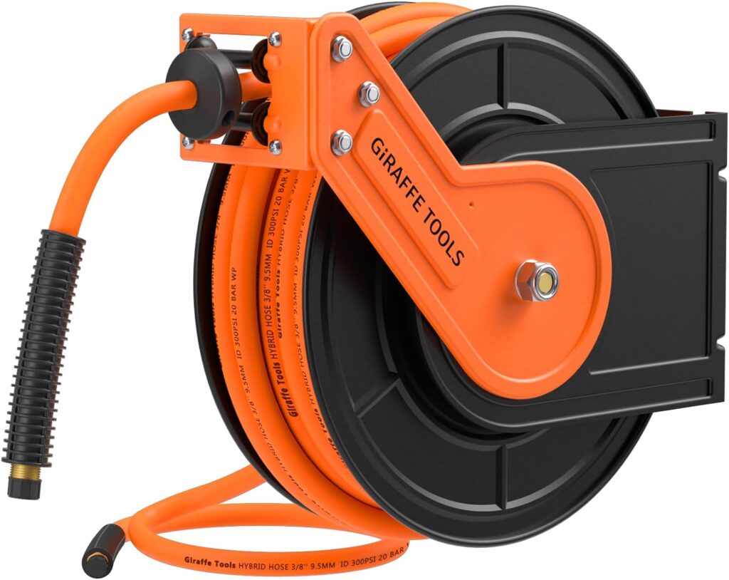 Giraffe Tools TA15B Retractable Air Hose Reel Wall Mount 3/8 x 50 ft Hybrid Hose, Air Compressor Heavy Duty Steel Reel Auto Rewind 300PSI, 50ft, Tangelo