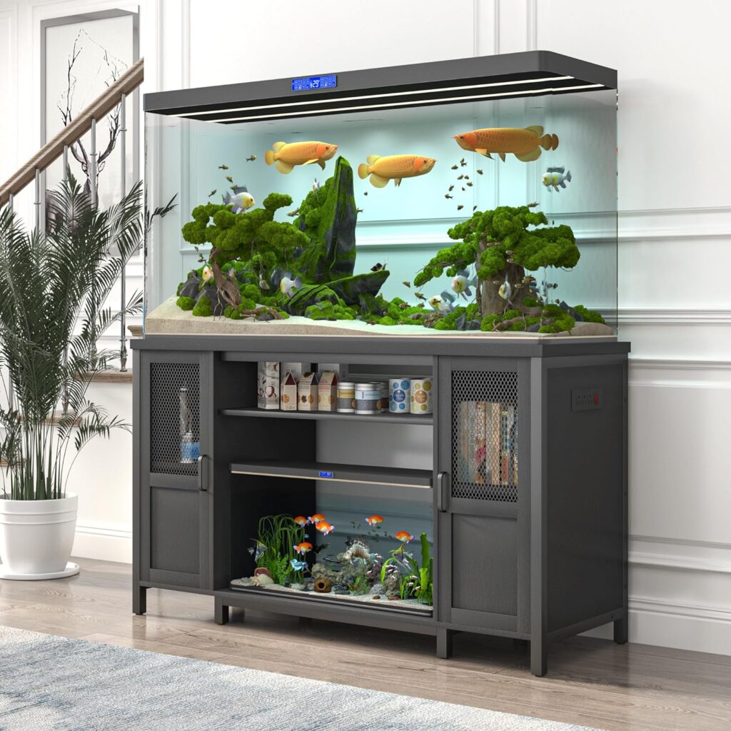 Hlivelood 55-75 Gallon Fish Tank Stand with Power Outlet, Heavy Duty Metal Aquarium Stand for 2 Fish Tank Accessories Storage, Suit for Turtle Tank, Reptile Terrarium, 880lbs Capacity, Black