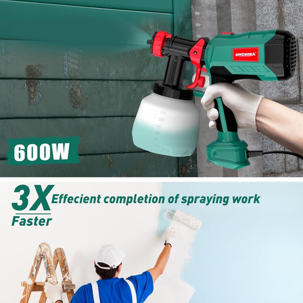 HYCHIKA Paint Sprayer, 600W HVLP Electric Paint Sprayer, 1200ML Tank 4 Nozzles and 2 Cleaning Tools, Easy to Clean, 3 Patterns Paint Sprayer for Walls and Ceilings, Fence, Wood