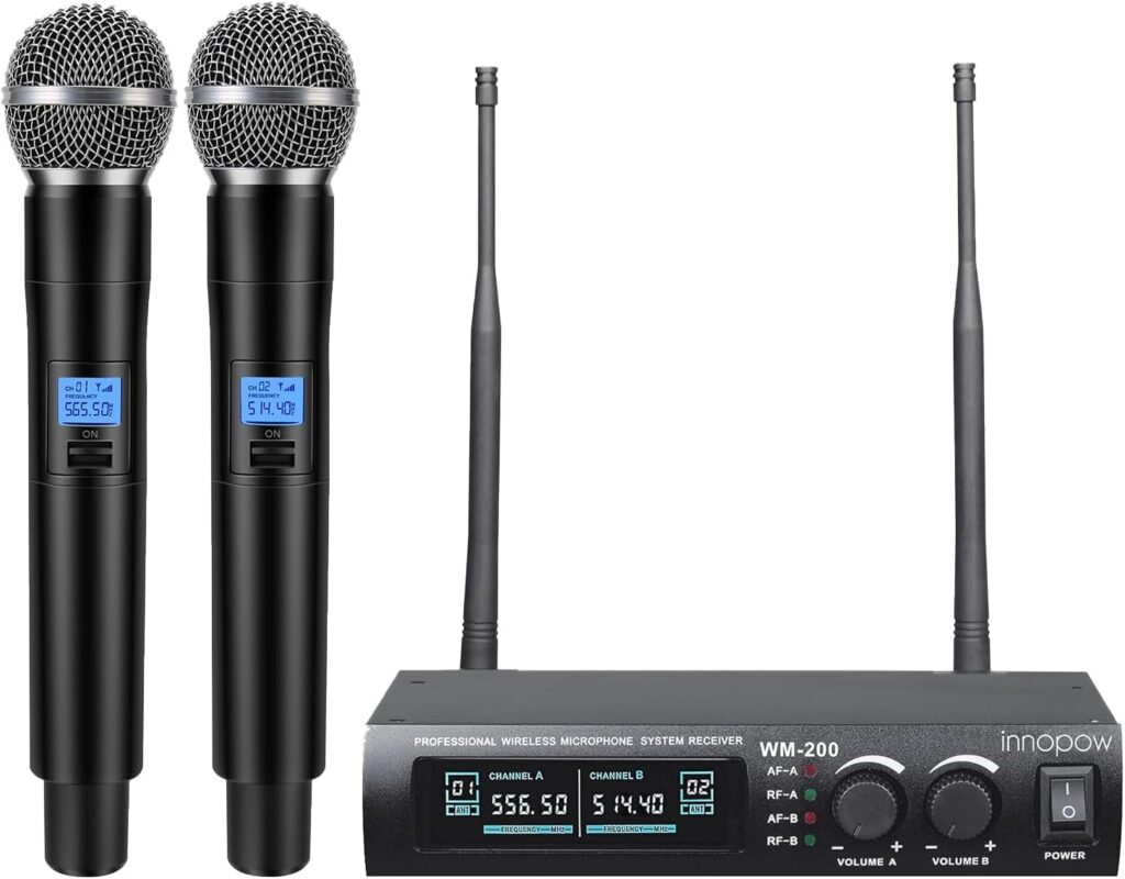 innopow Wireless Microphone System, Dual UHF Metal Cordless Mic Set, Long Distance 150-200Ft,16 Hours Continuous, Fixed Frequency, Use for Karaoke Singing, Family Party,Church (CH.0102)