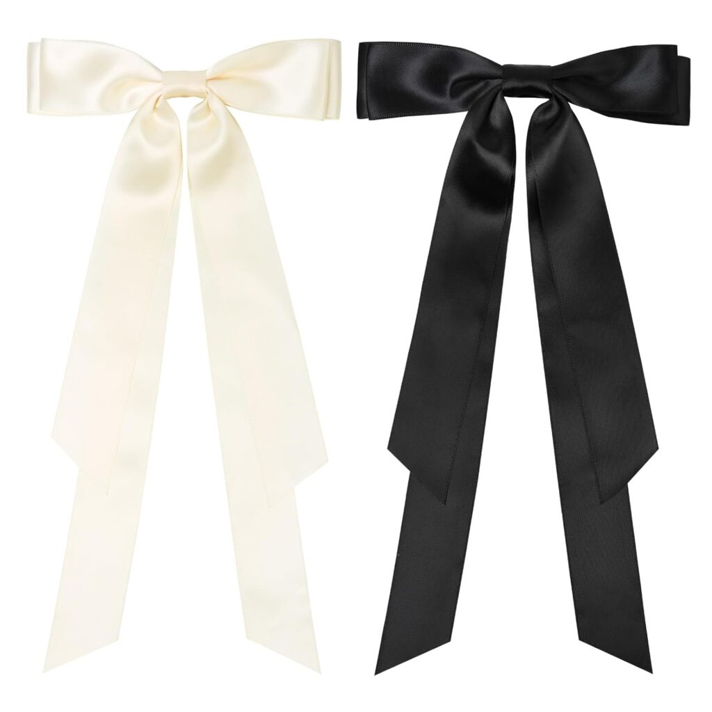 Large Satin Hair Bows 2PCS Hair Ribbons for Women CEELGON Big Long Black White Ballet Style Hair Bows French Barrette Vintage Accessories for Girls-Black/White