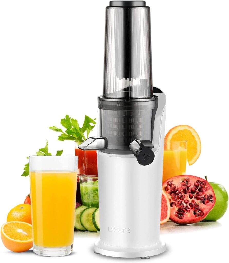 Masticating Slow Juicer, Compact Juicer Machine Easy to Clean Cold Press Juicer with Brush Upgraded Non-clog Filter with Reverse Function for Celery Ginger Pineapple (White)…
