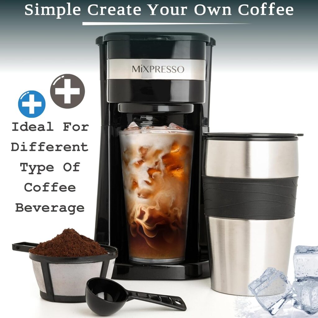 Mixpresso Personal Single-Serve Coffee Maker 14oz Travel Mug, Drip Small Coffee Maker Tumbler, Auto Shut Off Reusable Filter, Compatible with Coffee Grounds