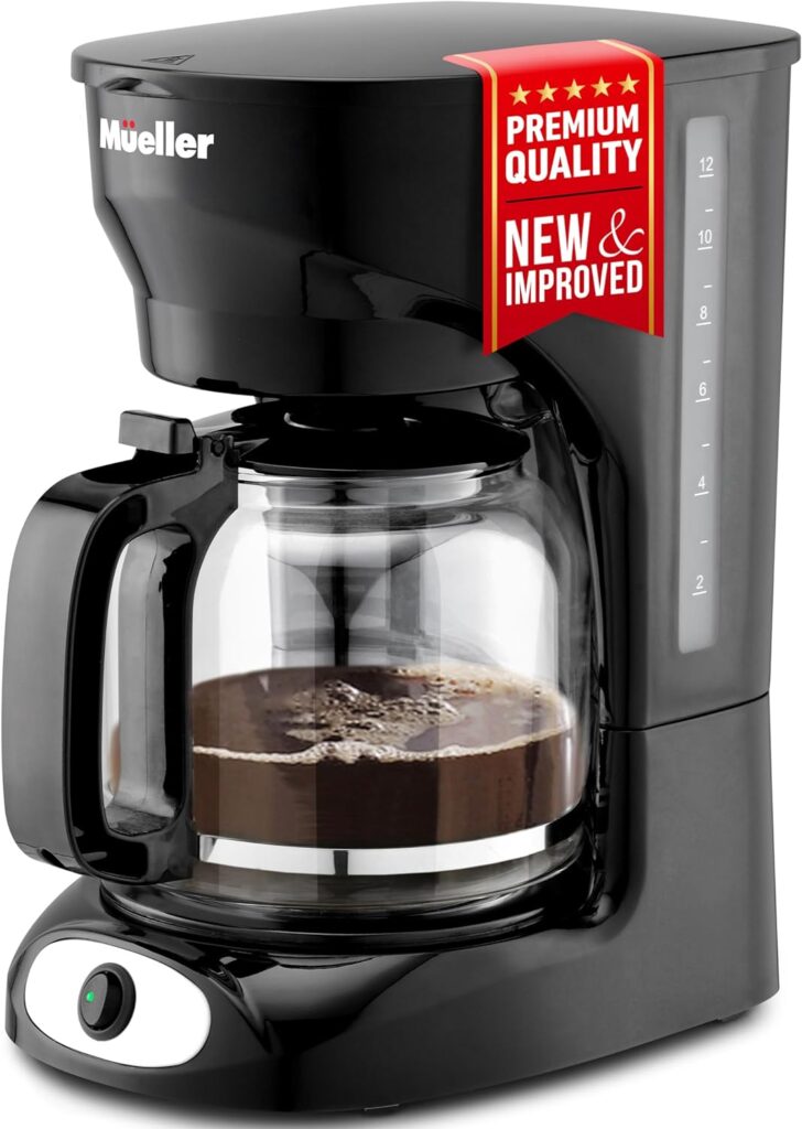 Mueller 12-Cup Drip Coffee Maker - Borosilicate Carafe, Auto-Off, Reusable Filter, Anti-Drip, Keep-Warm Function, Clear Water Level Window Coffee Machine, Ideal for Home or Office