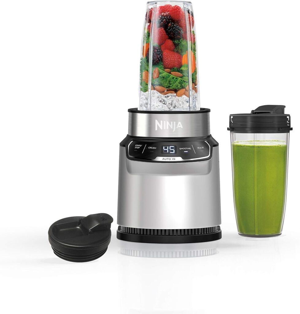 Ninja BN401 Nutri Pro Compact Personal Blender, Auto-iQ Technology, 1000-Peak-Watts, for Frozen Drinks, Smoothies, Sauces More, with (2) 24-oz. To-Go Cups Spout Lids, Cloud Silver