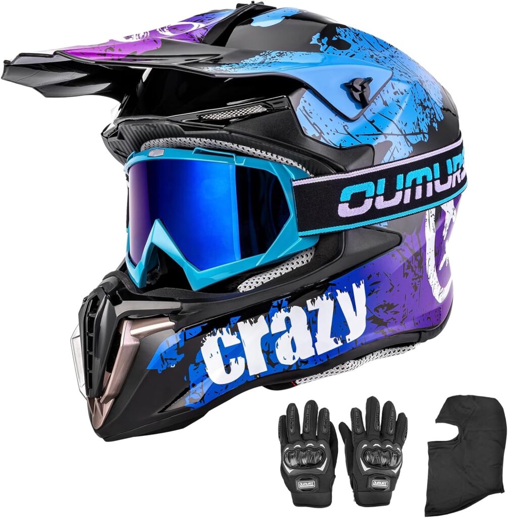 OUMURS Adult ATV Dirt Bike Helmet with Goggles Gloves Mask Quick Release Buckle Adjustable Sun Visor Motorcycle Adult Helmet Off-Road Motocross Downhill Moped MX for Unisex-Adult