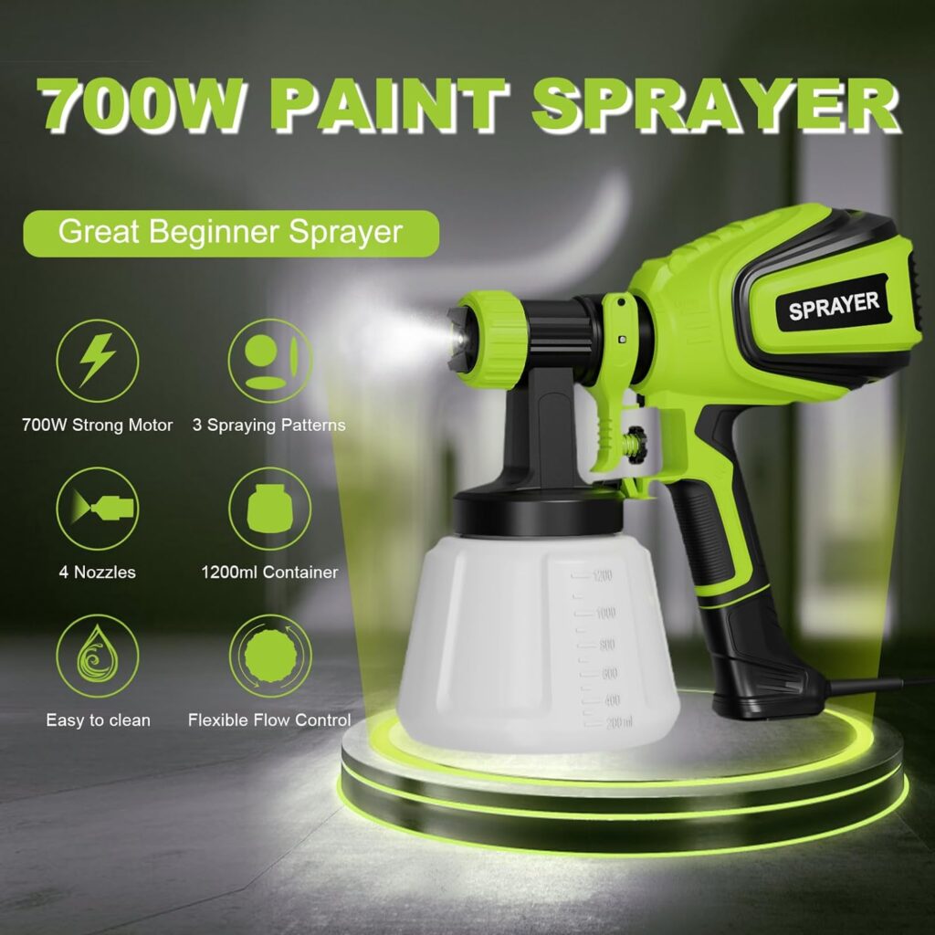 Paint Sprayer, 700W HVLP Spray Gun with Cleaning Blowing Joints, 4 Nozzles and 3 Patterns, Easy to Clean, for Furniture, Cabinets, Fence, Walls, Door, Garden Chairs etc. VF803