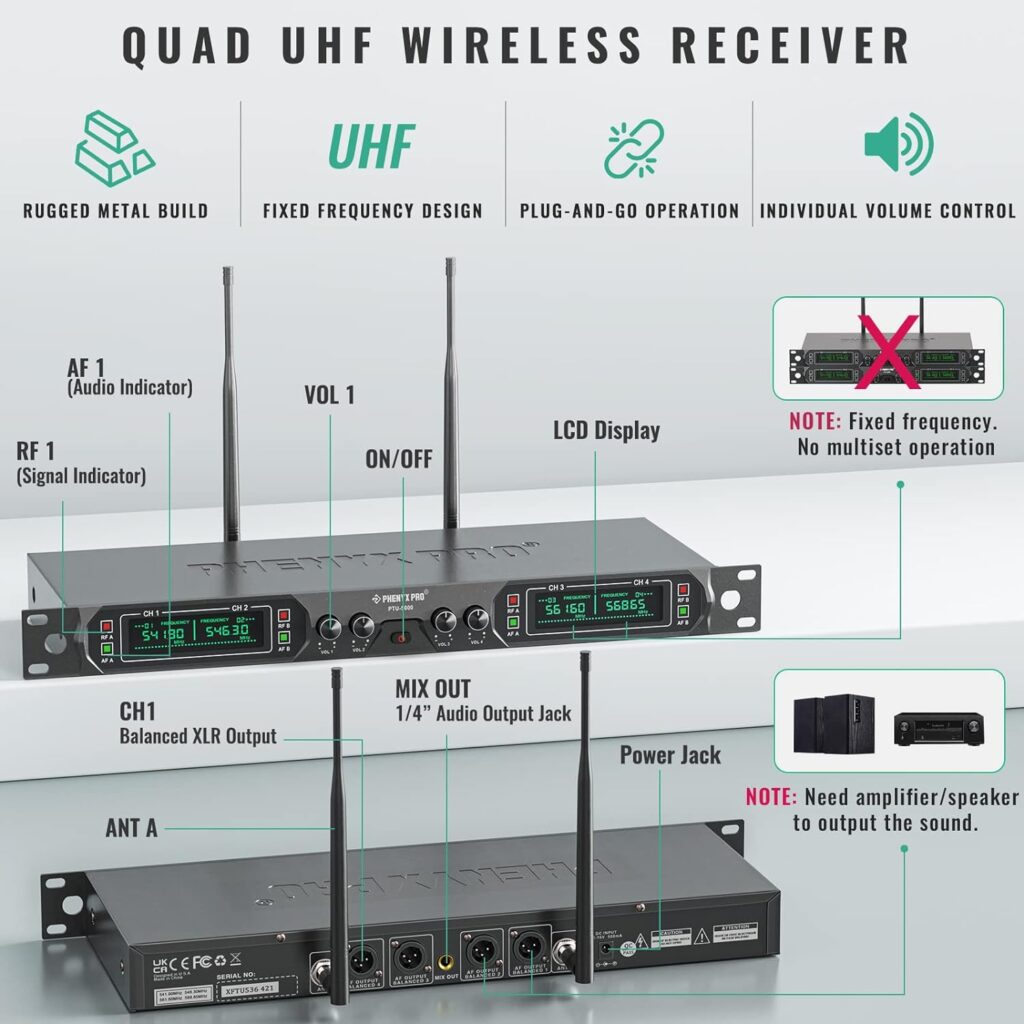 Phenyx Pro Wireless Microphone System, 4-Channel UHF Wireless Mic, Fixed Frequency Metal Cordless Mic with 4 Handheld Dynamic Microphones, 260ft Range, Microphone for Singing,Church(PTU-5000-4H)