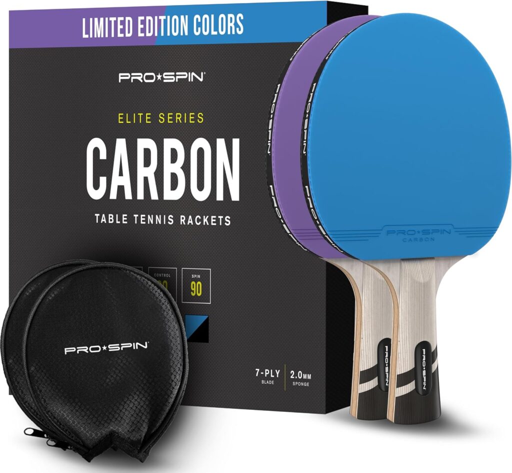 PRO-SPIN Ping Pong Paddles - Violet Blue ITTF-Approved Colors | 2 Premium Carbon Fiber Table Tennis Rackets | Professional Quality 7-Ply Blade, Pro Rubber/Sponge, Rubber Protector Case | Raquetas