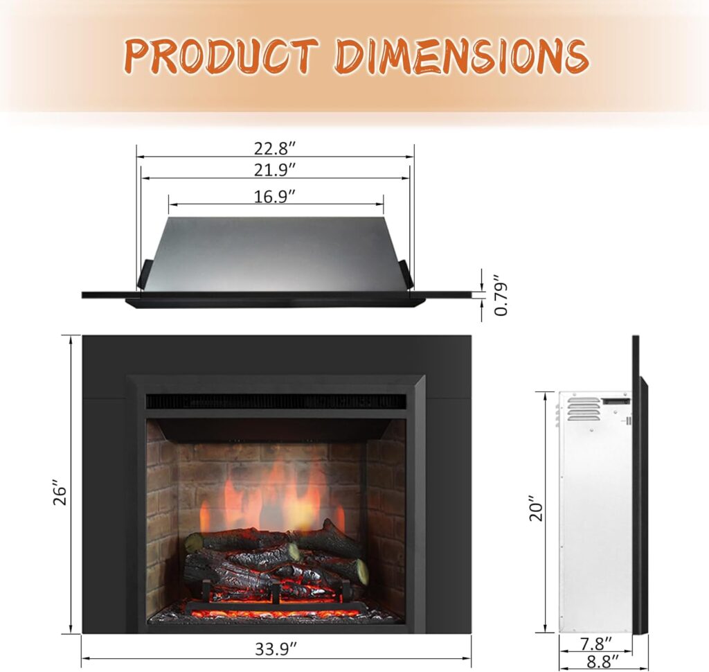 PuraFlame Western Electric Fireplace Insert with Fire Crackling Sound, Remote Control, 750/1500W, Black, 33 1/16 Inches Wide, 25 9/16 Inches High