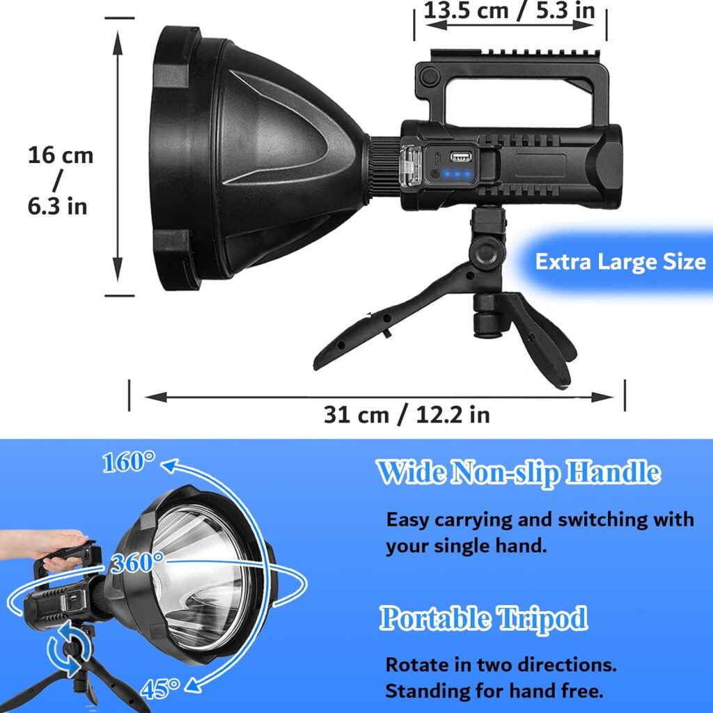 Rechargeable Spotlight, 3,000,000 Lumens Led Spot Lights Outdoor Handheld Super Bright Powerful Long Range Flashlight with 4 Modes, Tripod, USB C, IPX5 Waterproof for Fishing Boating Camping