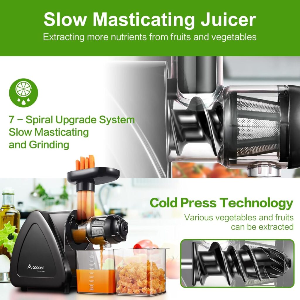 Slow Juicer, Aobosi Slow Masticating Juicer, Cold Press Juicer Machines with Reverse Function, Quiet Motor, High Juice Yield with Juice Jug Brush for Cleaning