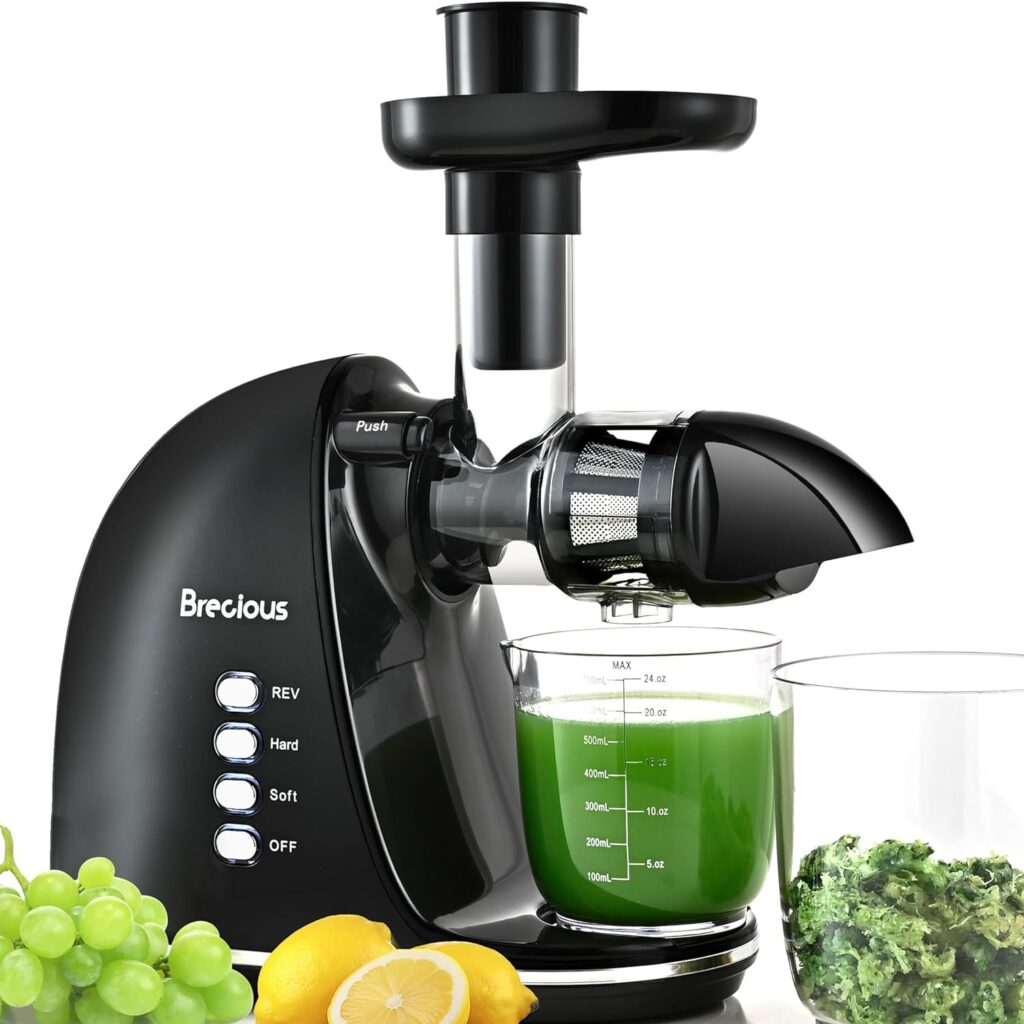Slow Masticating Juicer,Brecious Cold Press Juicer with 2 Speed Modes Quiet Motor,Juicer Machines Vegetable and Fruit with Reverse Function,Celery Juicer,BPA-Free,Easy to Clean (Black)