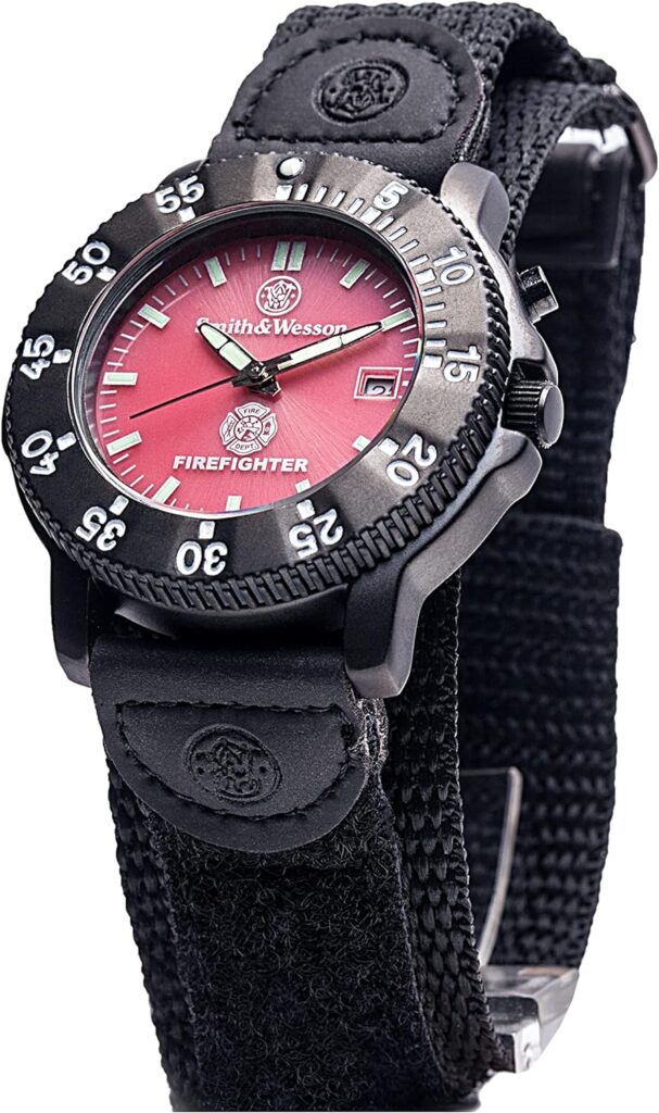 Smith Wesson Mens Fire Fighters Watch, Red Dial Black Band, 3ATM, Black Nylon Strap, 40mm, Tactical Watch, Precision Quartz, Scratch Resistant, Christmas Gift