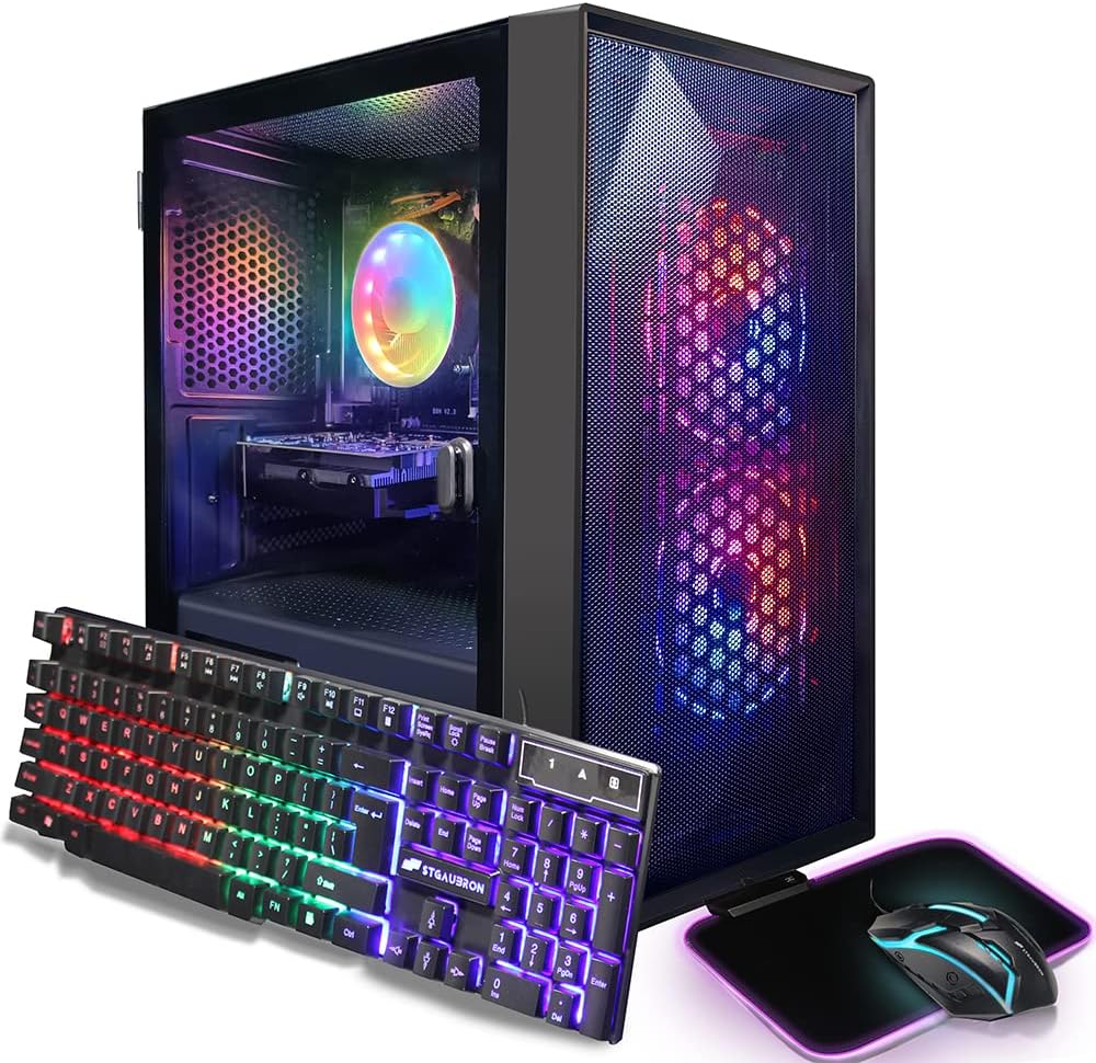 STGAubron Gaming Desktop PC, Intel Core I5 3.3Ghz up to 3.7Ghz, AMD Radeon RX 550 4G GDDR5, 16G Ram, 512G SSD, WiFi, BT 5.0, RGB Fan x 3, RGB Keybaord  Mouse, RGB Mouse Pad, W10H64