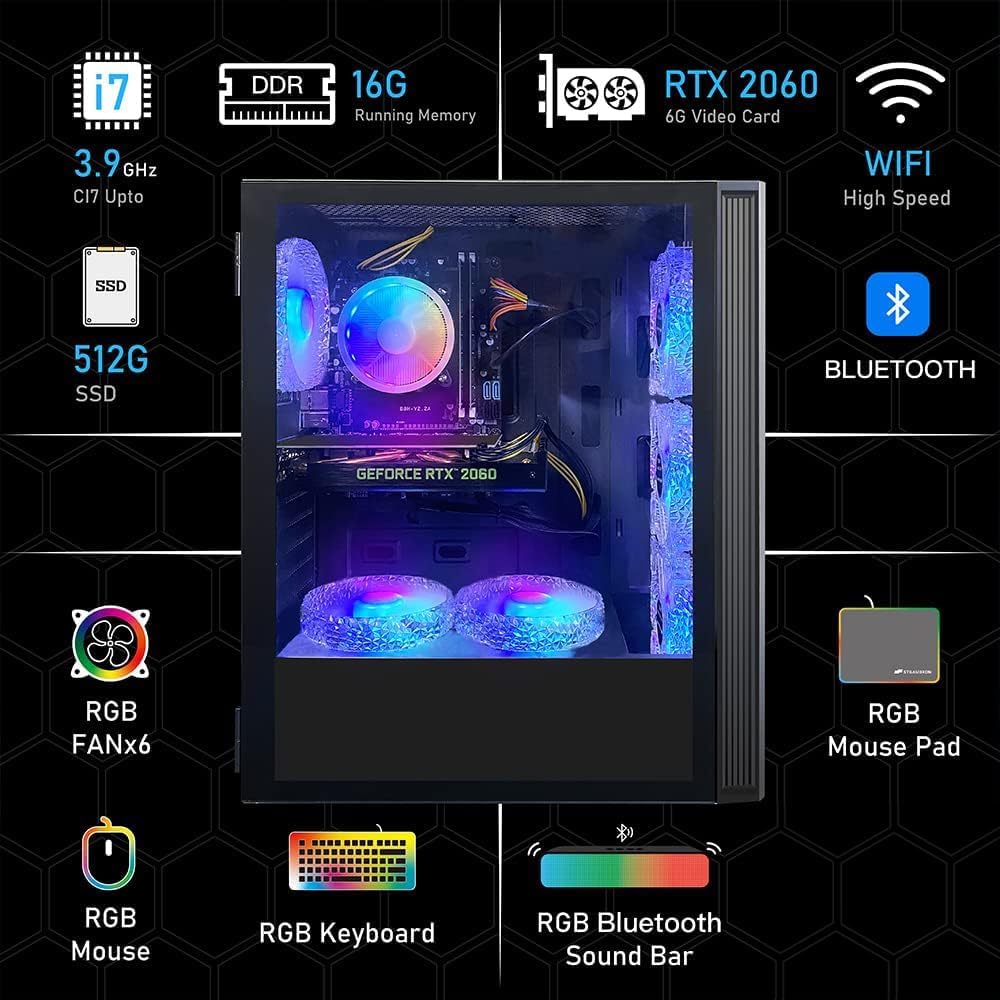 STGAubron Gaming Desktop PC,Intel Core I7 3.4 GHz up to 3.9 GHz,GeForce RTX 2060 6G GDDR6,16G RAM,512G SSD,WiFi,BT 5.0,RGB Fanx6,RGB KeyboardMouse,RGB Mouse Pad,RGB BT Sound Bar,W10H64