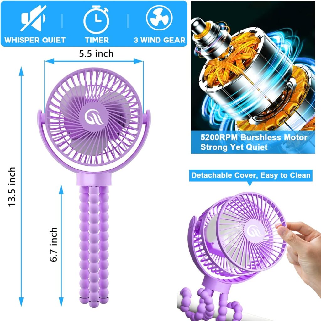 Stroller Fan, Portable Fan 60Hrs 12000mAh Battery Operated Fans USB Rechargeable Small Fan for Bedroom, Desk, Personal Handheld, Clip on Fans for Baby Stroller, Travel, Car Seat, Peloton, Bed, Camping