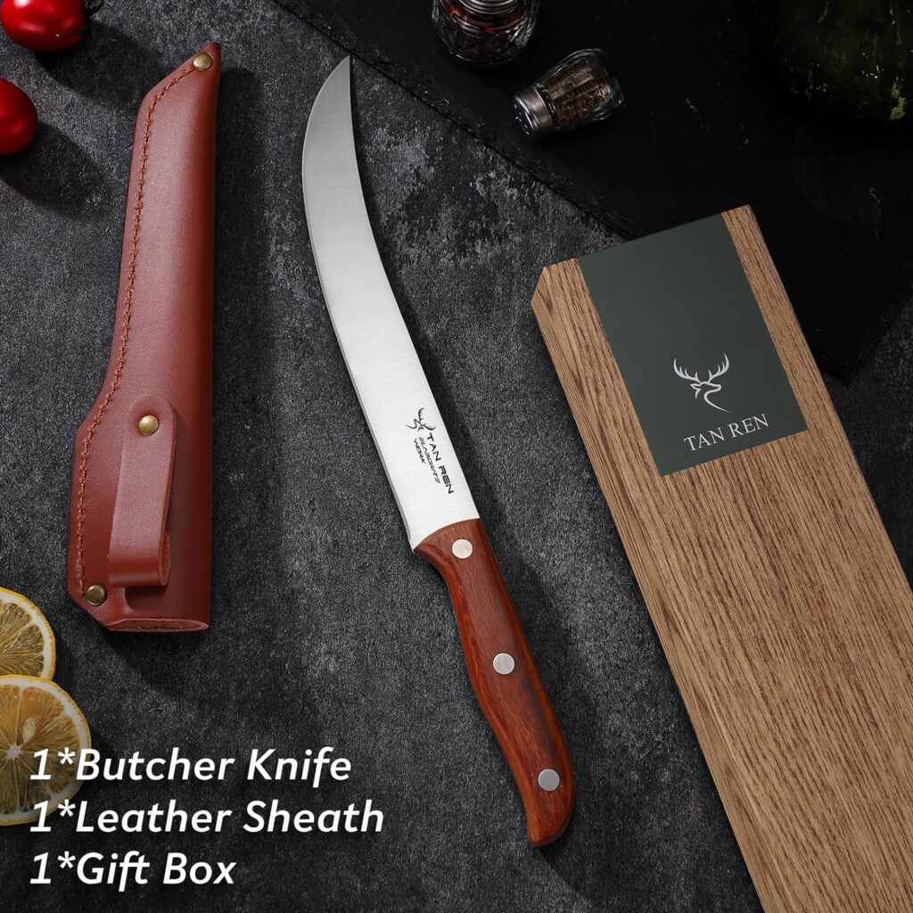 TAN REN Butcher Breaking Knife 8 Inch, Stainless Steel Butcher Knife for Meat Cutting, Brisket Trimming Knife With Sheath, Ergonomic Wooden Handle Meat Cutting Knife,Carving Knife