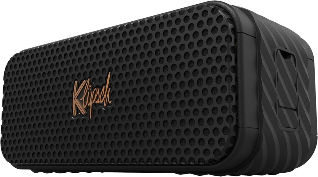 The Klipsch Nashville Portable Bluetooth Speaker with a 2.25 full range drivers for 360 degree audio, IP67 dust and waterproof rating, 24 hours of playtime for a premium live concert experience