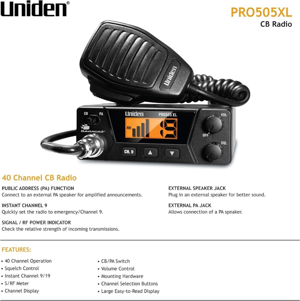 Uniden PRO505XL 40-Channel CB Radio. Pro-Series, Compact Design. Public Address (PA) Function. Instant Emergency Channel 9, External Speaker Jack, Large Easy to Read Display. - Black