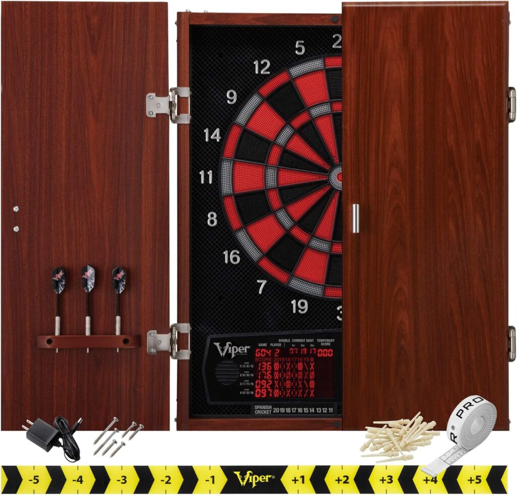 Viper by GLD Products Neptune Electronic Dartboard Cabinet Combo Pro Size Over 55 Games Large Auto-Scoring LCD Cricket Display Extended Dart Catch Area 16 Player Multiplayer with Soft Tip Darts and Power Adapter , 21.5 L x 26.5 W x 3.5 H