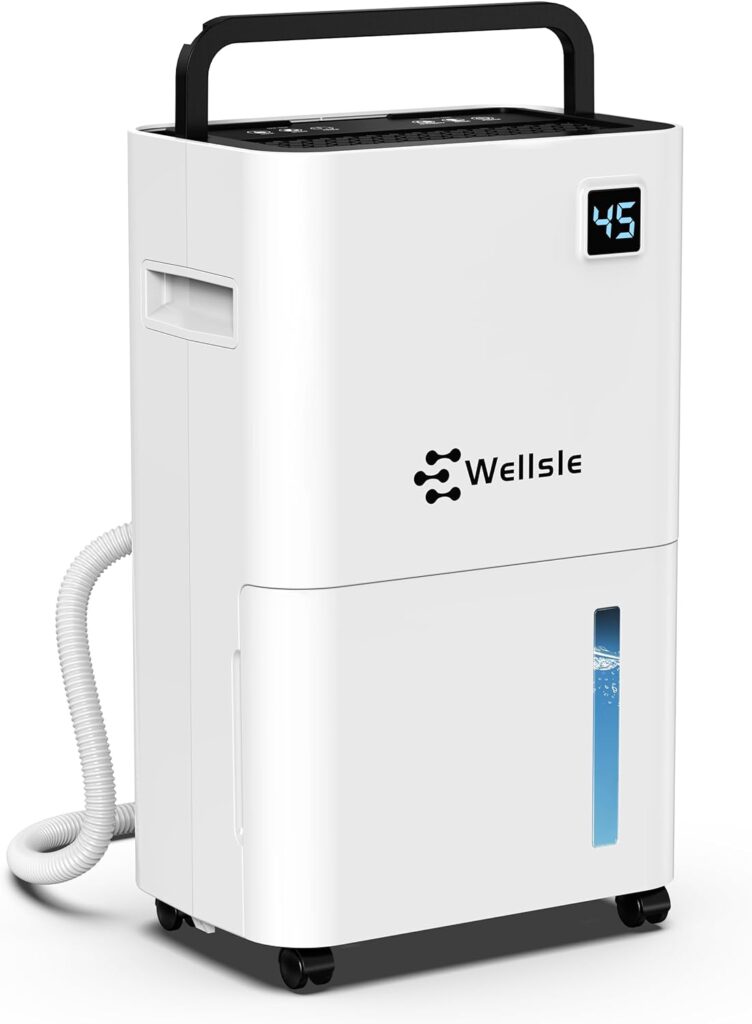 Wellsle 50 Pint Dehumidifier - Dehumidifier for Basement with Drain Hose, Powerful Dehumidification and Intelligent Humidity Control - Ultra-Quiet Dehumidifier for Bedroom with 24HR Timer