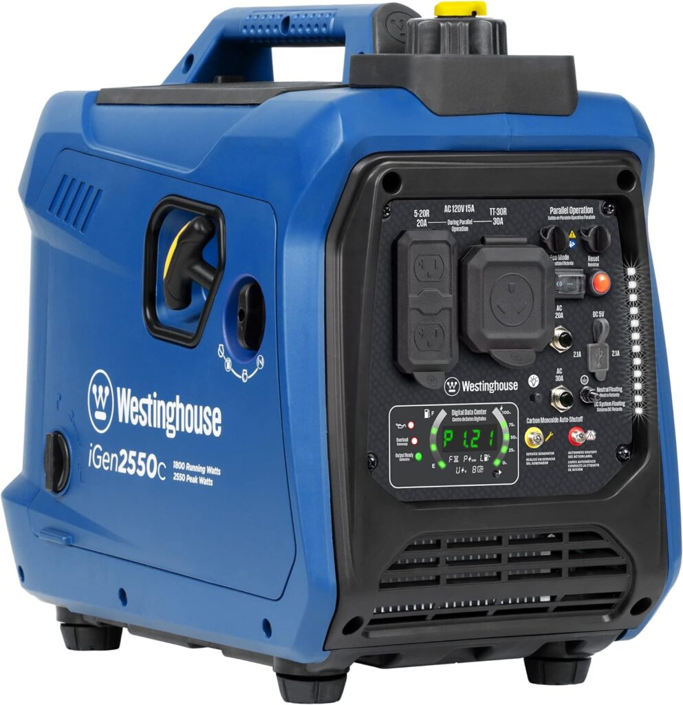 Westinghouse 2550 Peak Watt Super Quiet Lightweight Portable Inverter Generator, RV Ready 30A Outlet, Gas Powered, CO Sensor, Parallel Capable, Long Run Time,Blue