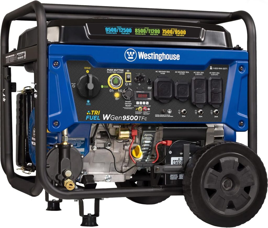 Westinghouse Outdoor Power Equipment 12500 Peak Watt Tri-Fuel Home Backup Portable Generator, Remote Electric Start, Transfer Switch Ready, Gas, Propane, and Natural Gas Powered