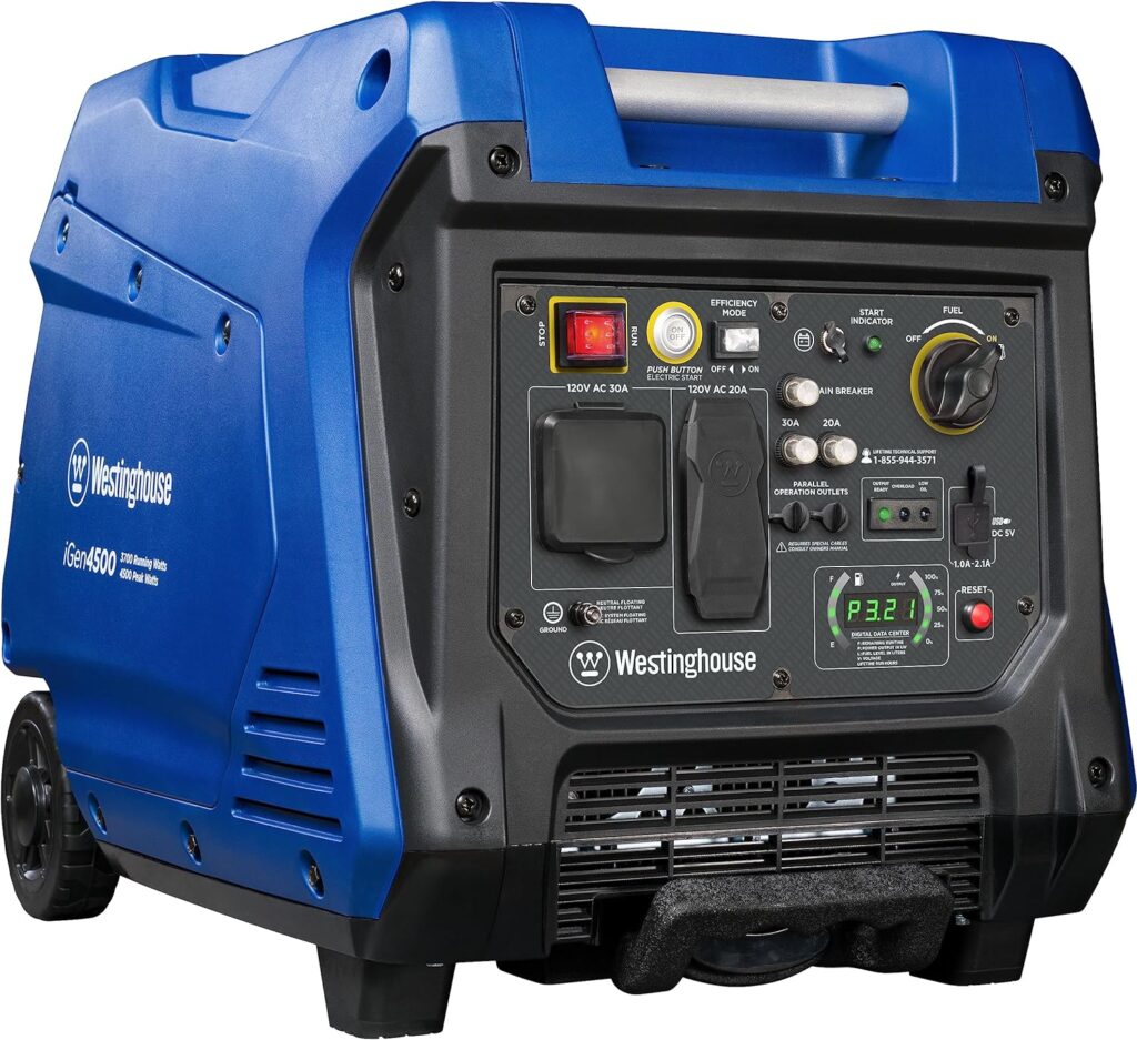 Westinghouse Outdoor Power Equipment 4500 Peak Watt Super Quiet Portable Inverter Generator, Remote Electric Start with Auto Choke, Wheel Handle Kit, RV Ready, Gas Powered, Parallel Capable