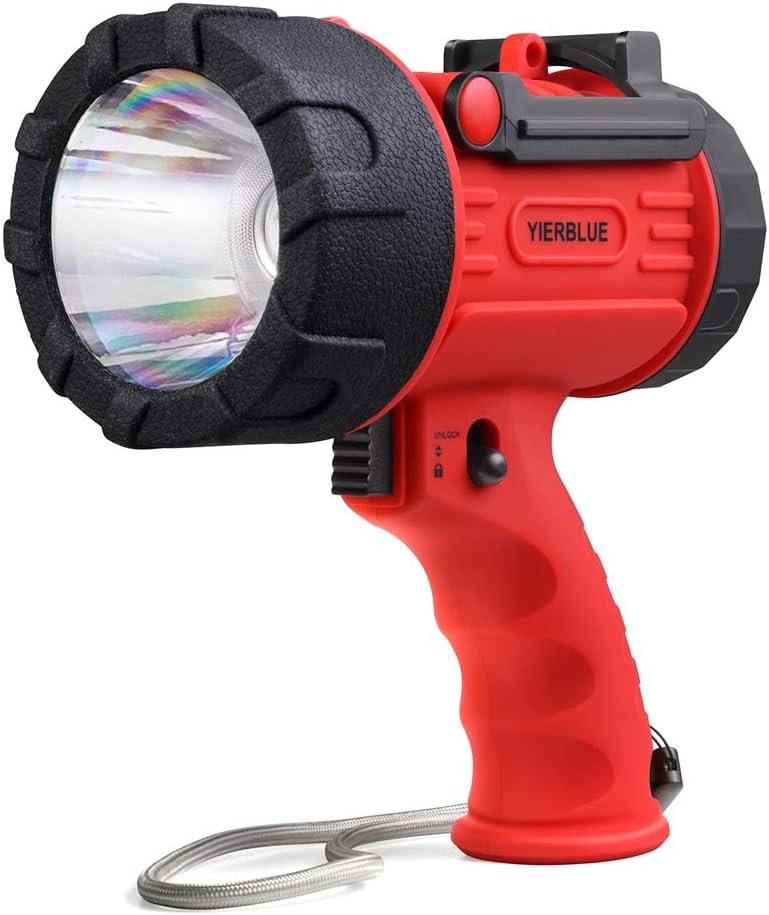 YIERBLUE Rechargeable Spotlight Flashlight with 1000,000 Lumen LED, IP67 Waterproof Long Running Spot Light searchlight, Impact Resistant Handheld Spotlight with Foldable Stand and Detachable Red Lens