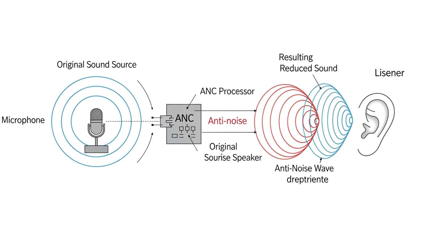 Illustration of how active noise cancellation cancels unwanted sound using inverse sound waves.